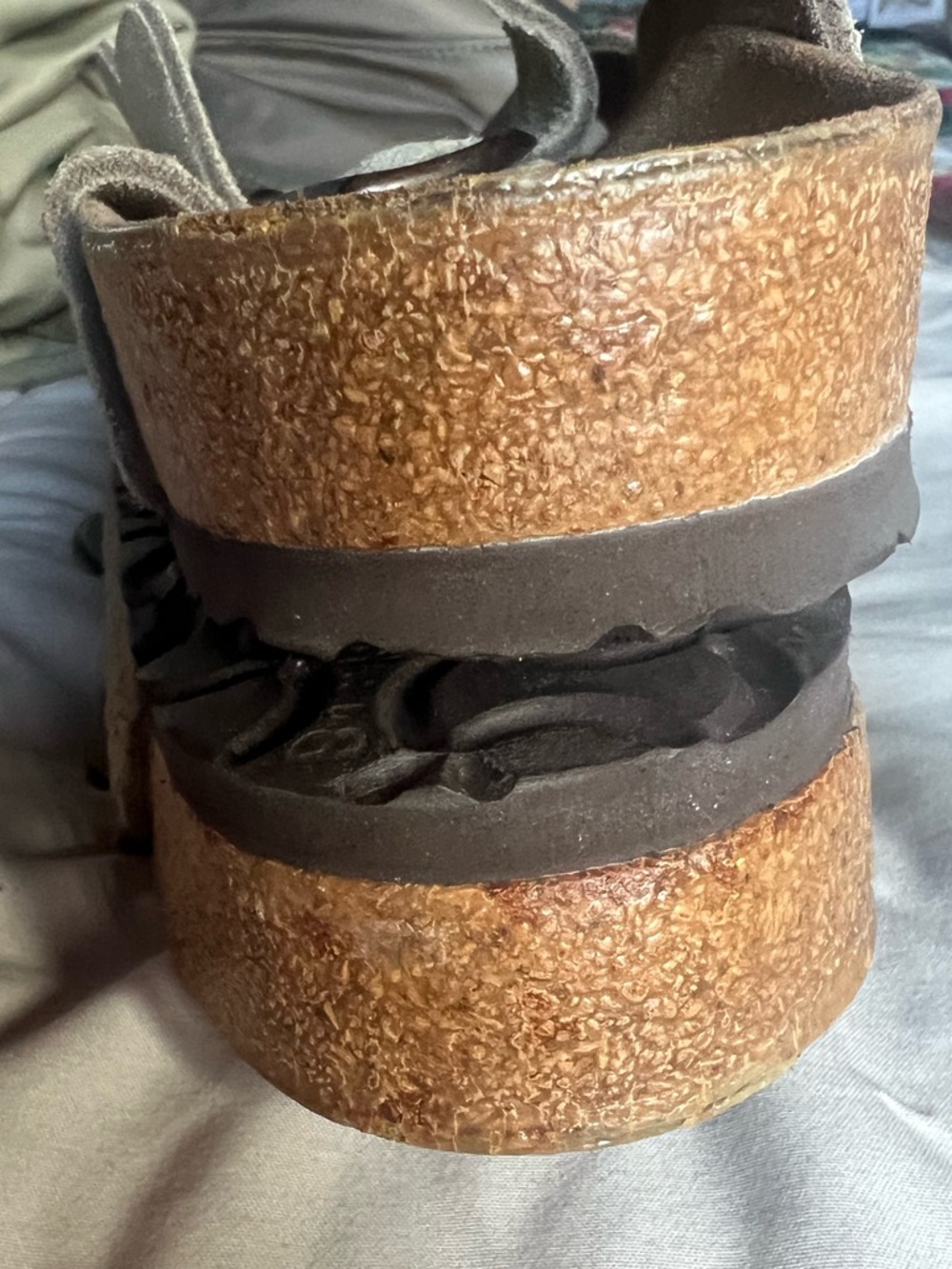 MAKE AN OFFER BIRKENSTOCK Arizona Taupe Suede Double-Buckle Slide Cork Sandals - Picture 10 of 11